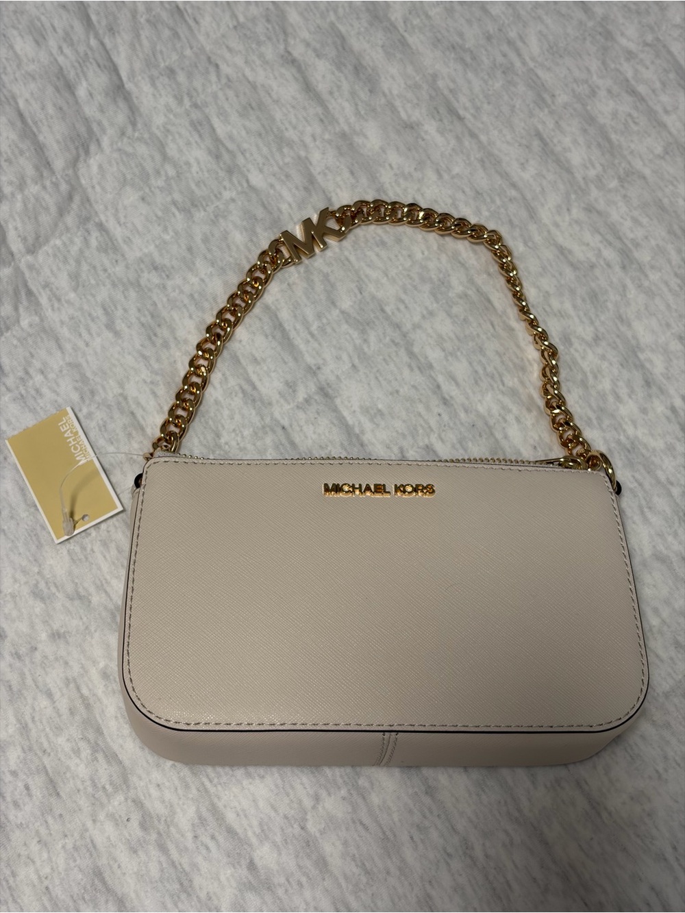 NWT Michael Kors Jet Set Sm MK Chain Pouchette Leather Light Cream with Gold